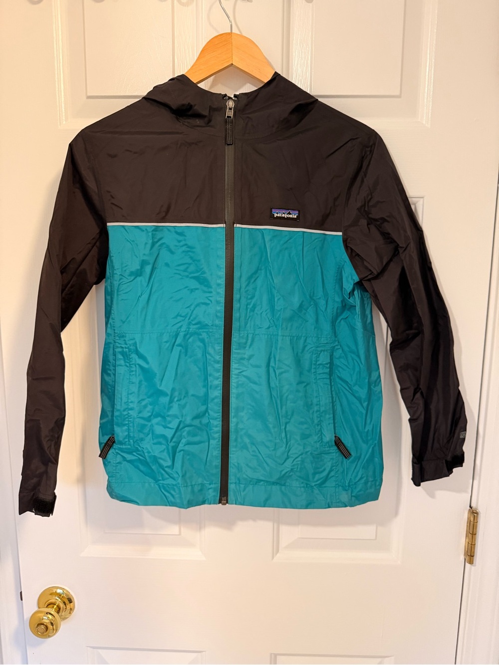 Patagonia Kids Teal & Black Hooded Rain Jacket